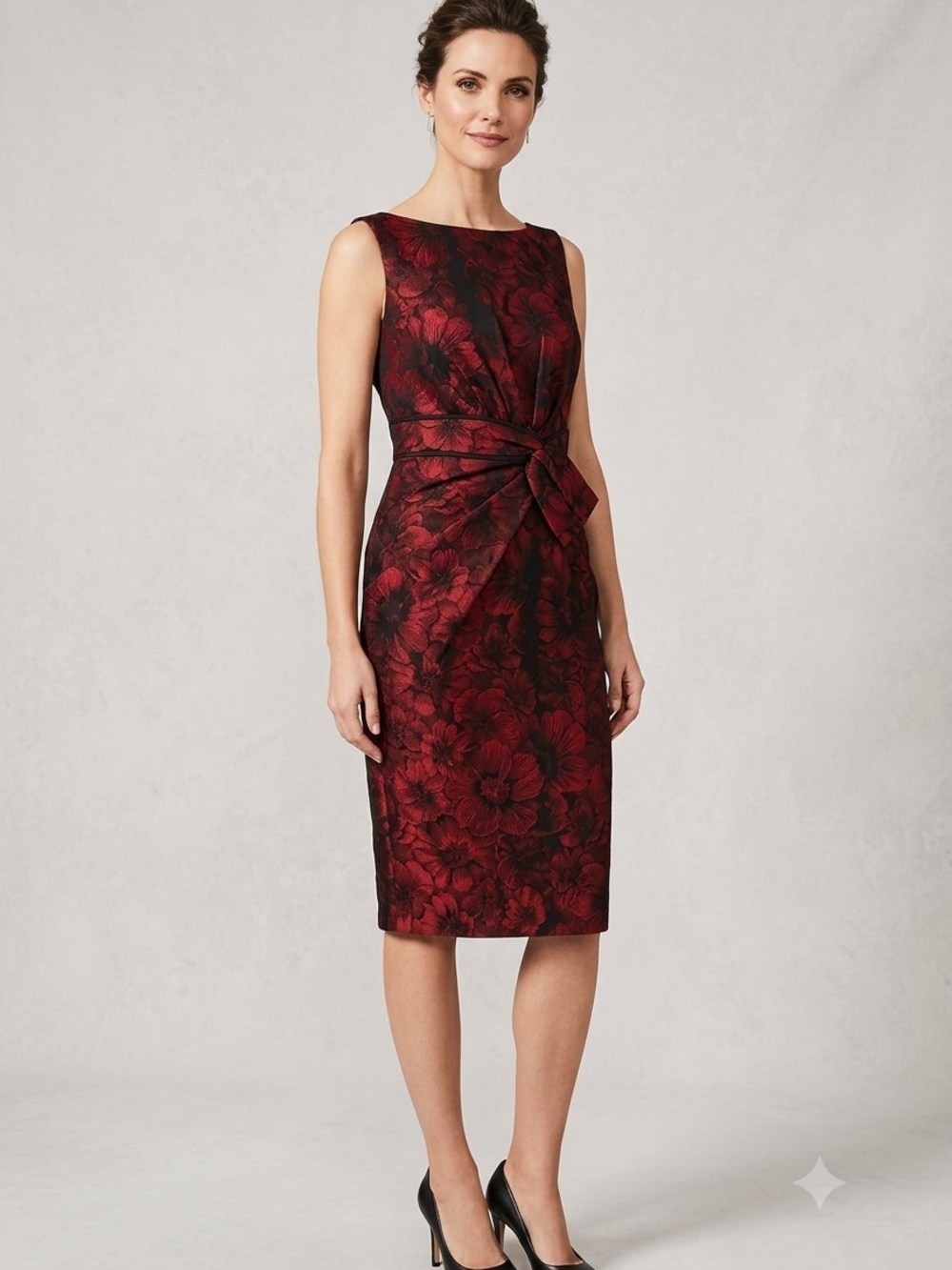 😍Anne Klein Red and Black Floral Midi Sheath Dress with Waist Knot Size 4
